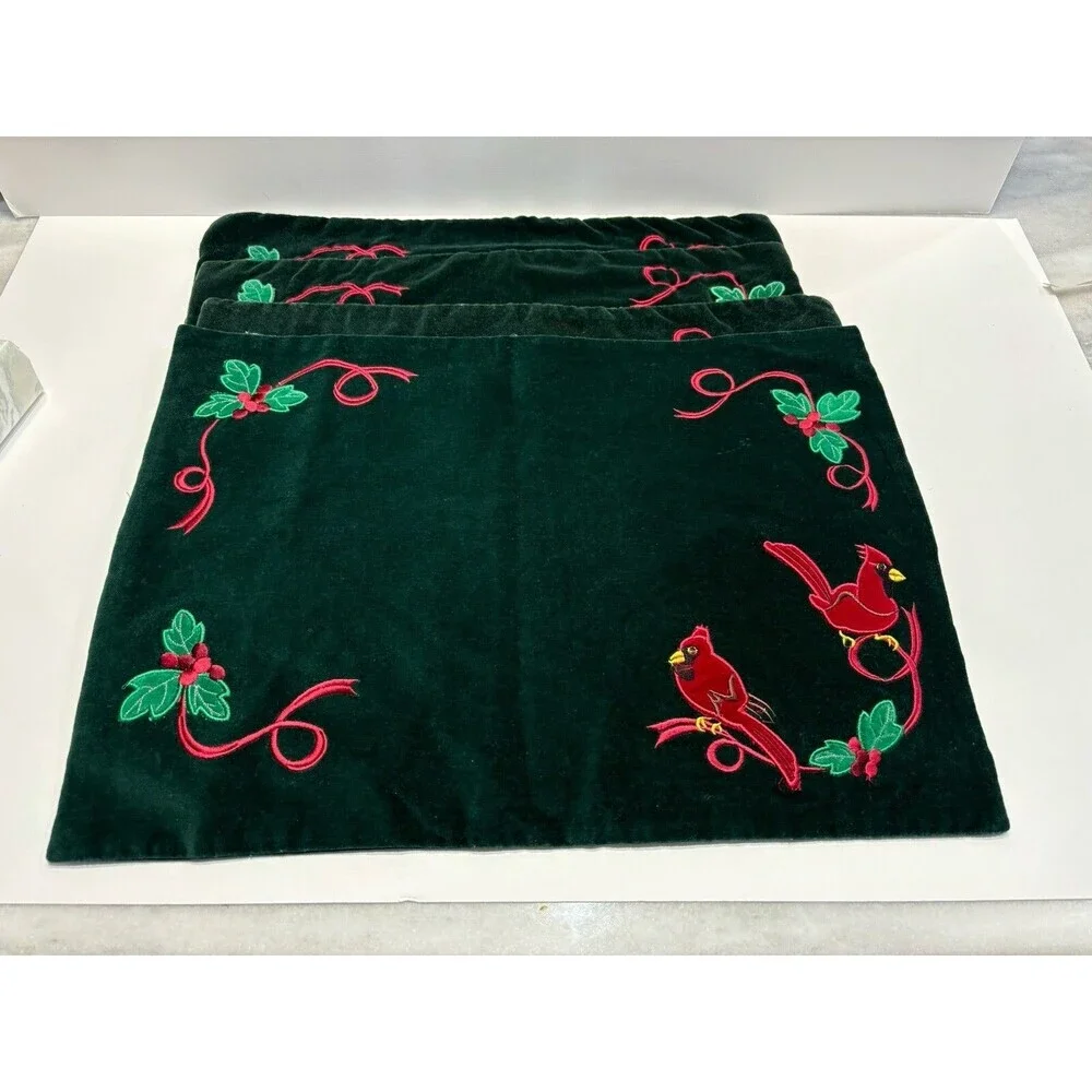 Christmas Placemats Quilted Embroidered Velvet Cardinal Holly Set of 4 13x17